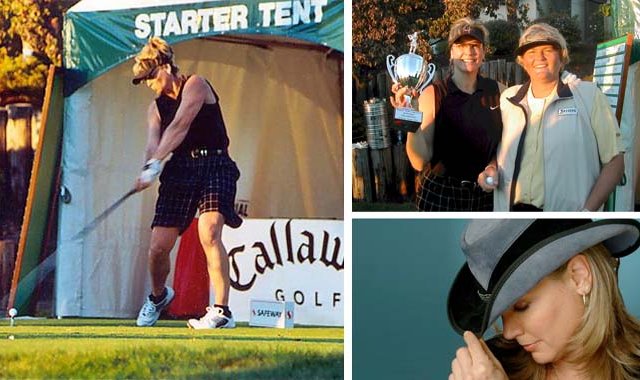 Lee Brandon overcame nearly severing her arm to becoming the women's long-drive champion. In the upper right photo, Brandon is pictured with LPGA legend Laura Davies.