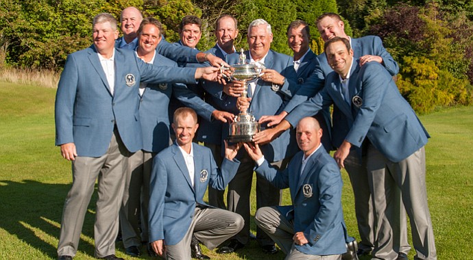 The U.S. team celebrates retaining the PGA Cup after a 13-13 tie in England.