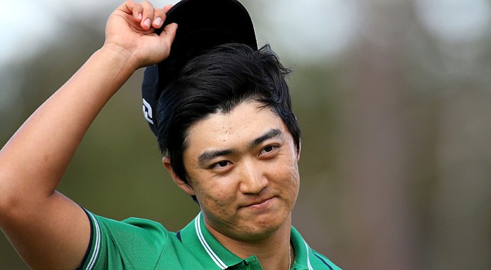 Jin Jeong celebrates on the 18th hole after winning a playoff over Ross Fisher to win the Perth International.