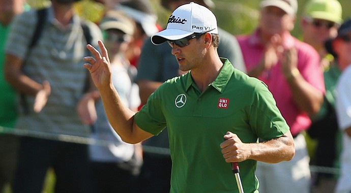 Adam Scott took advantage of easier morning conditions Friday to shoot a 4-under 67 and take a two-stroke lead after two rounds of the Australian PGA championship.
