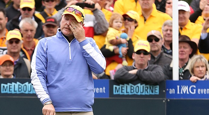 Jarrod Lyle, in his first tournament start since his bout with leukemia, cries on the first tee before his shot during Round 1 of the Australian Masters.