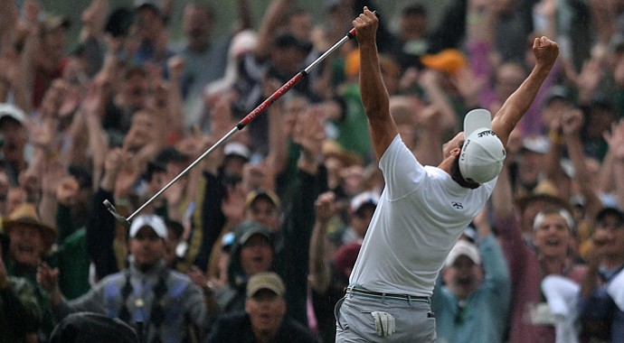 Adam Scott celebrates his win on the 10th hole during a playoff with Angel Cabrera at the 2013 Masters.