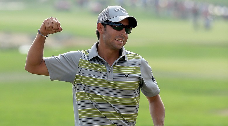 Pablo Larrazabal holes the winning putt on the par-5 18th during the final round of the Abu Dhabi HSBC Golf Championship.