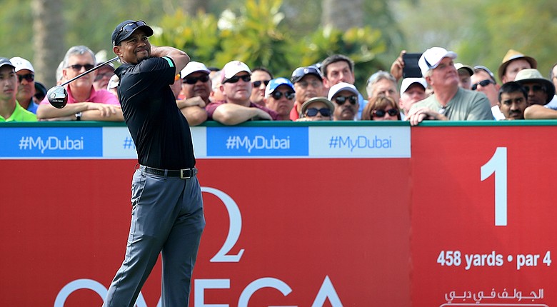Tiger Woods in action during the second round of the Omega Dubai Desert Classic.
