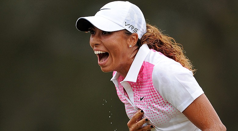 Cheyenne Woods celebrates winning the 2014 Australian Ladies Masters at Royal Pines Resort.