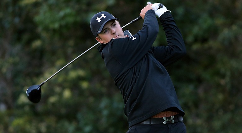 Jordan Spieth hits a tee shot on the 12th hole in the second round of the Northern Trust Open at the Riviera Country Club.