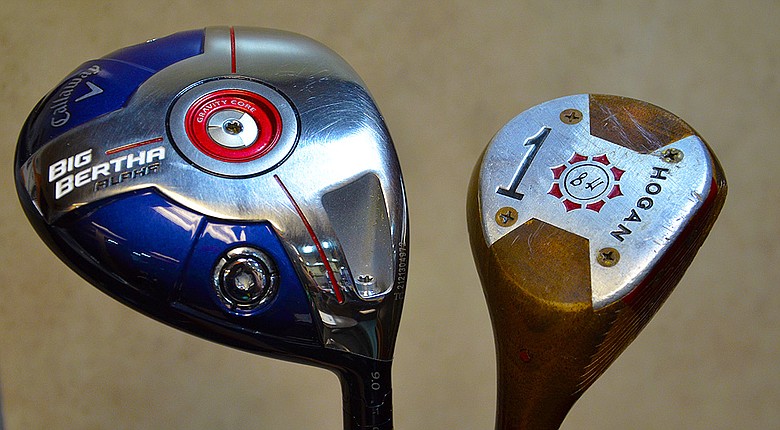 Patrick Reed has used a persimmon Ben Hogan driver as a training aid for the past month. His normal Big Bertha Alpha is at left.