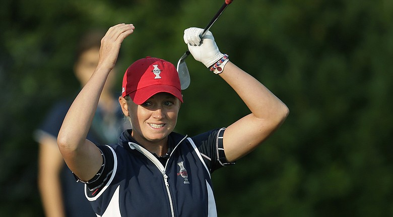 Stacy Lewis reacts to a bunker shot she hit during last year's Solheim Cup.