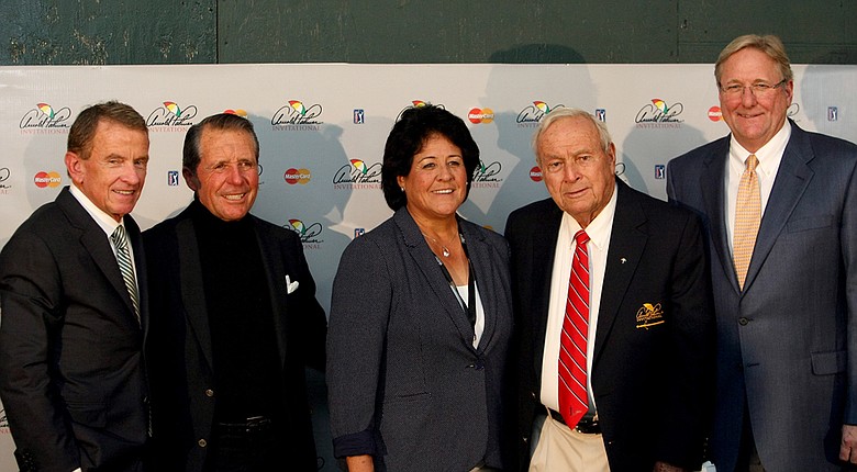 From left, PGA Tour Commissioner, Tim Finchem, Gary Player, Nancy Lopez, Arnold Palmer and Chief Operating Officer of the World Golf Hall of Fame, Jack Peter, gather for a press conference during the final round of the Arnold Palmer Invitational at Bay Hill Lodge and Club.