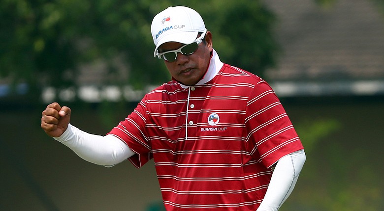 Prayad Marksaeng of Team Asia reacts on the 13th hole in the foursome matches against Team Europe during Day 2 of the EurAsia Cup.