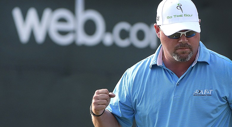 Kris Blanks celebrates after making his putt to defeat Brett Stegmaier in a three-hole playoff at the Web.com Tour Chitimacha Louisiana Open.