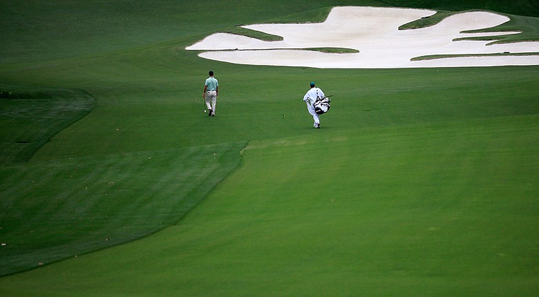 As is normal, the fairways and greens at Augusta National are in pristine condition. Here, Billy Horschel walks up the 10th fairway. The only difference seen on Sunday is the lack of a few trees across the course, victims of a February ice storm.