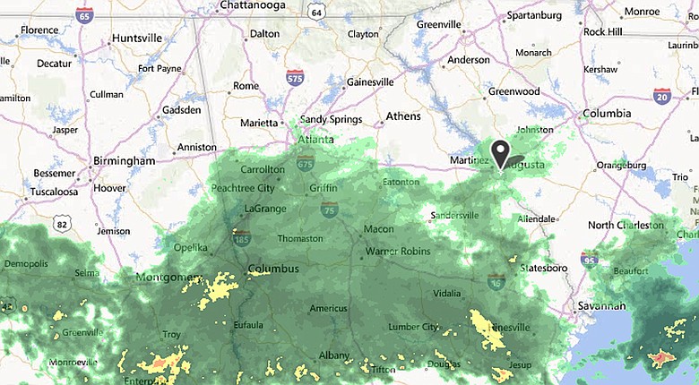 The radar at 11 a.m. on Sunday, with the weather en route to Augusta.
