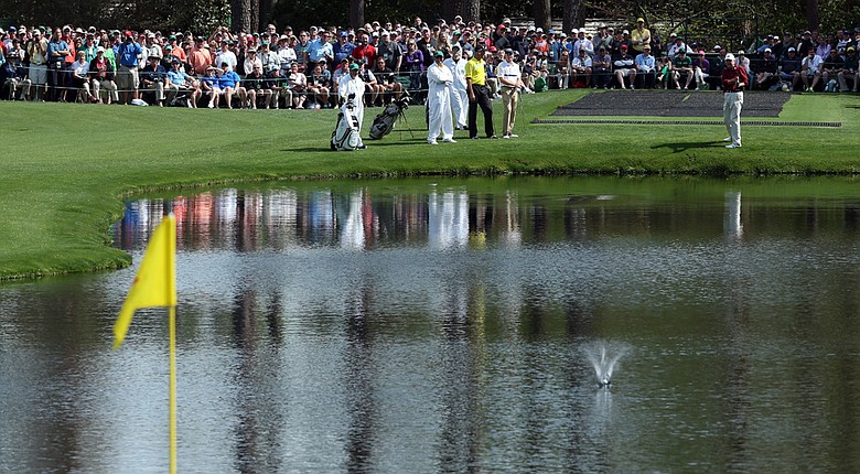 Al Geiberger skips a ball on the 16th hole during a practice round on Tuesday at Augusta National.