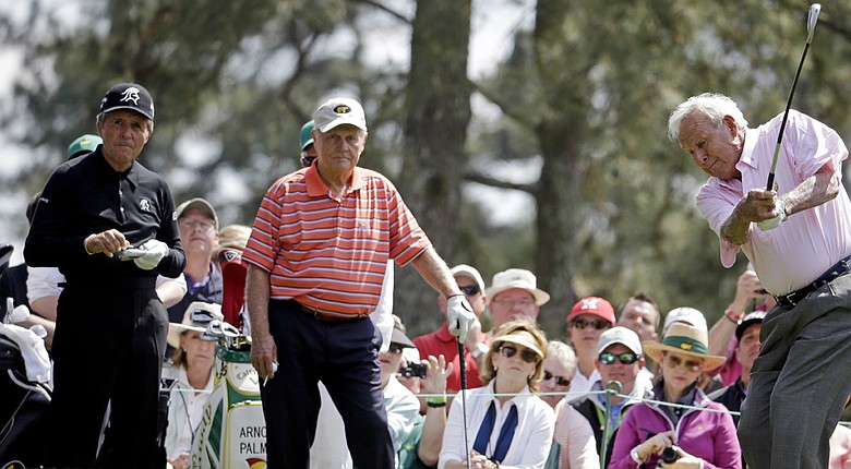 Expect Gary Player, from left, to outdrive Jack Nicklaus and Arnold Palmer on Thursday at Augusta National to open the 2014 Masters.