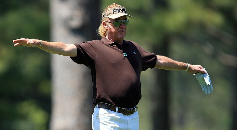 Miguel Angel Jimenez waits in the 14th fairway during the third round of the 2014 Masters.