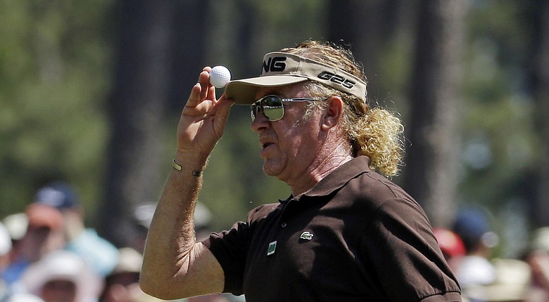 Miguel Angel Jimenez leads the Greater Gwinnett Championship after two rounds in his Champions Tour debut one week after playing in the Masters (shown here).