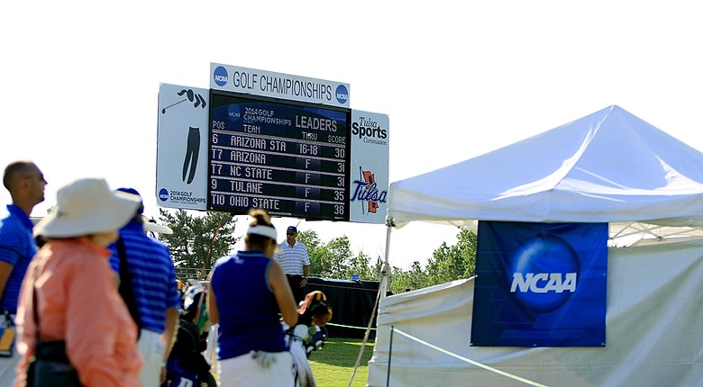The leaderboard at No. 18 during the third round of the 2014 NCAA Division 1 Women's Golf Championships at Tulsa Country Club.