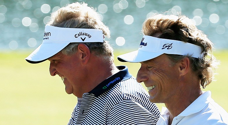 Colin Montgomerie and Bernhard Langer are tied for the lead after 54 holes at the Senior PGA Championship (shown here at the Insperity Championship earlier this month on Champions Tour).
