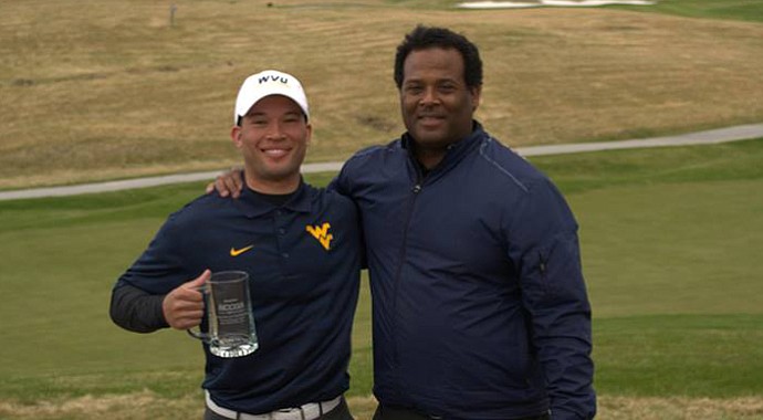 Mason Short with dad Jerry after winning the individual title at the NCCGA National Championship.