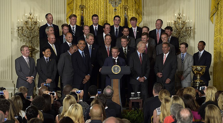 The 2013 International and U.S. Presidents Cup teams visited the White House on Tuesday night.