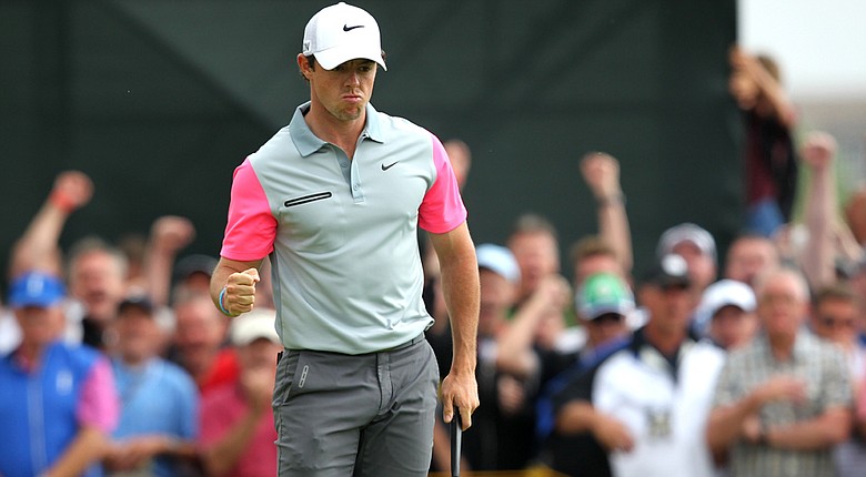 Rory McIlroy celebrates making birdie on No. 9 during the final round of the 2014 British Open.