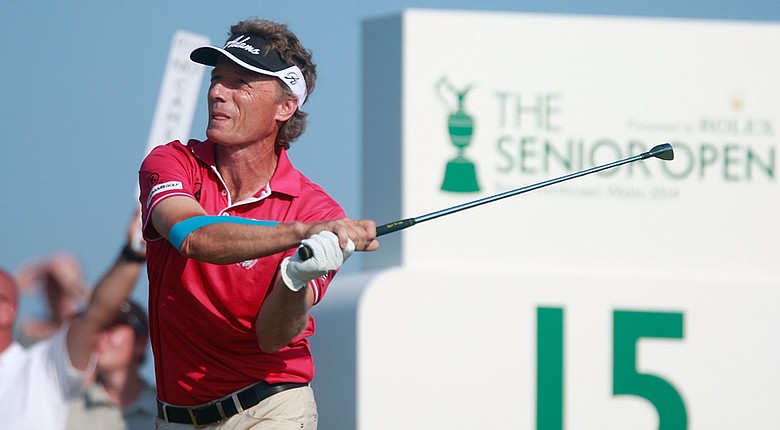 Bernhard Langer in action during the first round of the Senior Open Championship played at Royal Porthcawl.