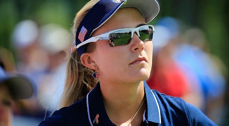 Lexi Thompson of the U.S. follows her tee shot on the 18th hole during Day 1 of the International Crown.