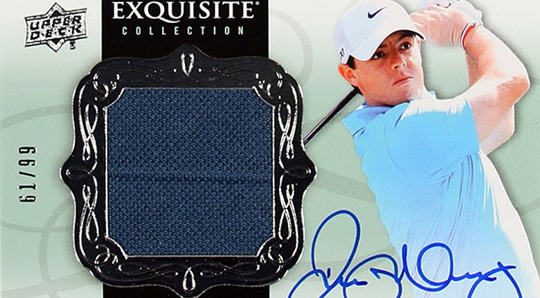 This Upper Deck Exquisite Collection Golf trading card features a swatch of a tournament-worn top of Rory McIlroy's.