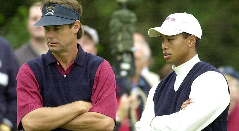 Paul Azinger, left, and Tiger Woods were teammates on the 2002 U.S. Ryder Cup team.