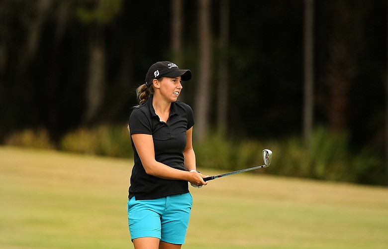 Stephanie Sherlock watches her second shot at No. 10 on Legends during Friday of LPGA Q-School. Sherlock started her day in 6th place.