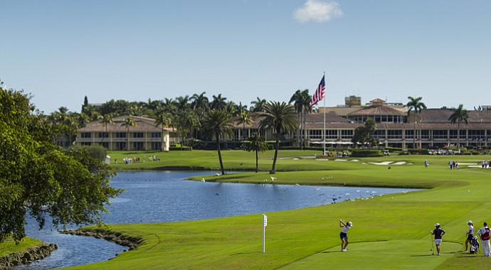 Erynne Lee, one fourth of the U.S. team at Copa de las Americas, tees off on the famed 18th hole on Doral's Blue Monster Golf Course.