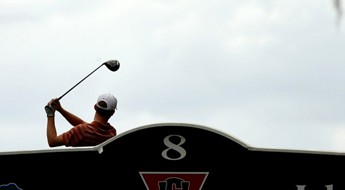 Texas freshman Brandon Stone tees off on No. 8 at the Isleworth Intercollegiate.