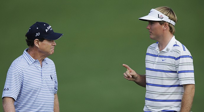 Tom Watson (left) and Russell Henley during practice for the 2013 Masters on Monday, April 8, 2013, in Augusta, Ga.