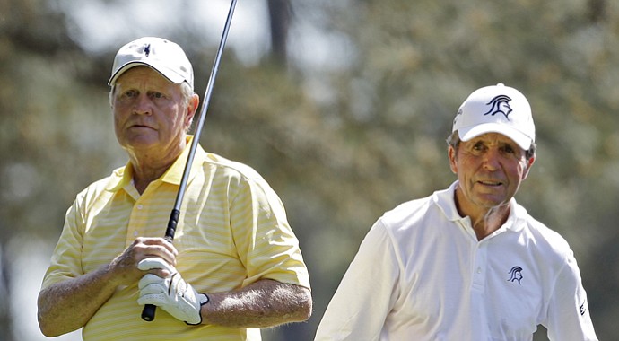 Jack Nicklaus and Gary Player during the par-3 contest at the 2013 Masters.