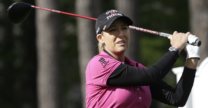 Cristie Kerr watches her tee shot on the 16th hole during the third round of the Kingsmill Championship.