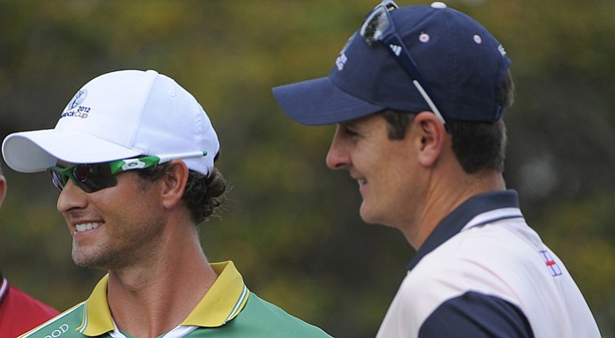 Adam Scott (left) and Justin Rose during the 2013 Tavistock Cup.