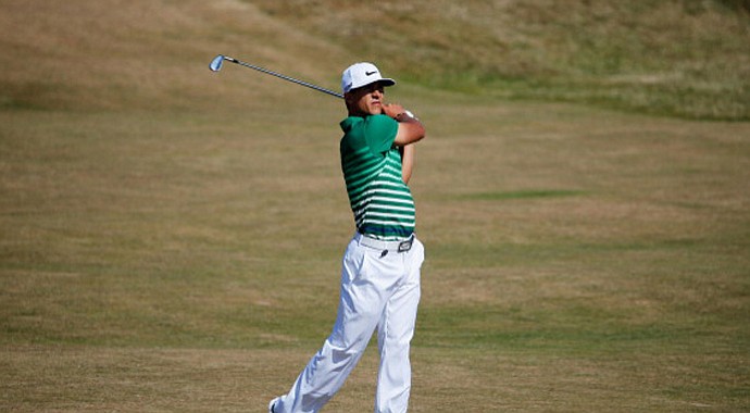 Thorbjorn Olesen hits his second shot on the sixth hole during the second round of the Open Championship at Muirfield.