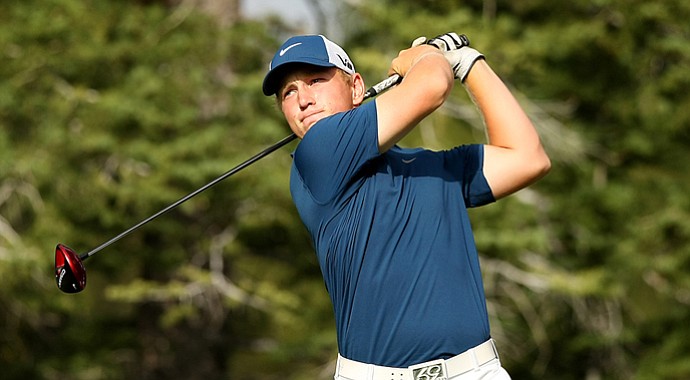 Brad Dalke hits his tee shot at No. 15 during the 66th U. S. Junior Amateur Championship at Martis Camp Club.