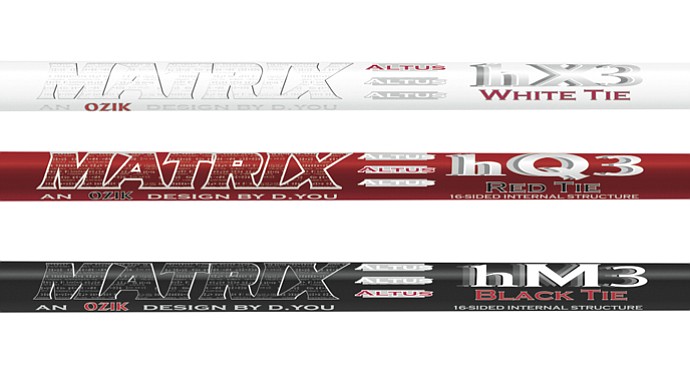 Matrix offers three new shafts for hybrids (from top): the HQ3 Red Tie, with mid launch and mid spin; the HX3 White Tie, with high launch and low spin; and the HM3 Black Tie, with low launch and lower spin.
