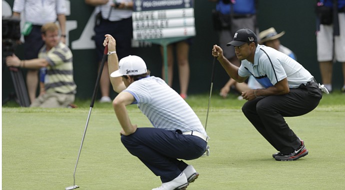 Tiger Woods (right) and Keegan Bradley during the 2013 PGA Championship at Oak Hill.