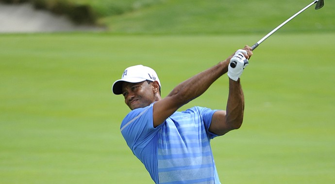 Tiger Woods during the first round of the 2013 Barclays, part of the PGA Tour's FedEx Cup, at Liberty National.