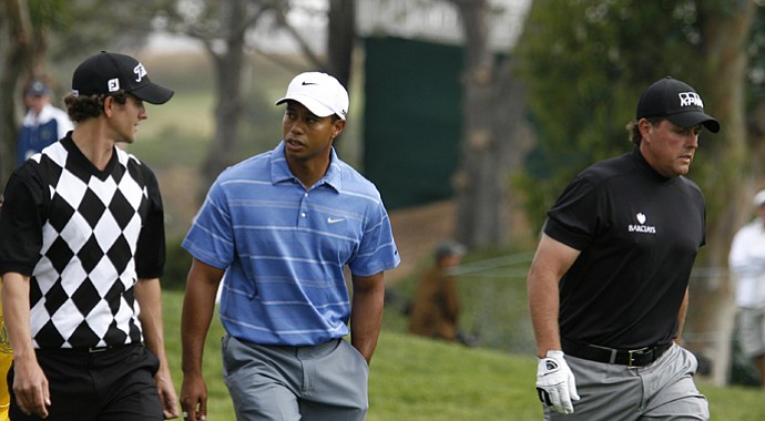 Adam Scott (from left), Tiger Woods and Phil Mickelson at the 2008 U.S. Open.