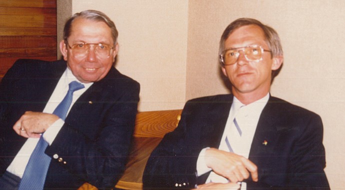 Bev Norwood, right, with Doc Giffin, Arnold Palmer's longtime publicist.