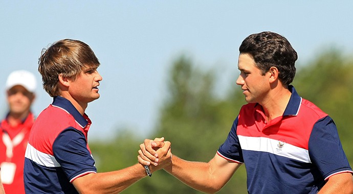 Bobby Wyatt and Cory Whitsett earned the first point of the morning during Sunday foursomes of the 2013 Walker Cup at National Golf Links of America in Southampton, N.Y.