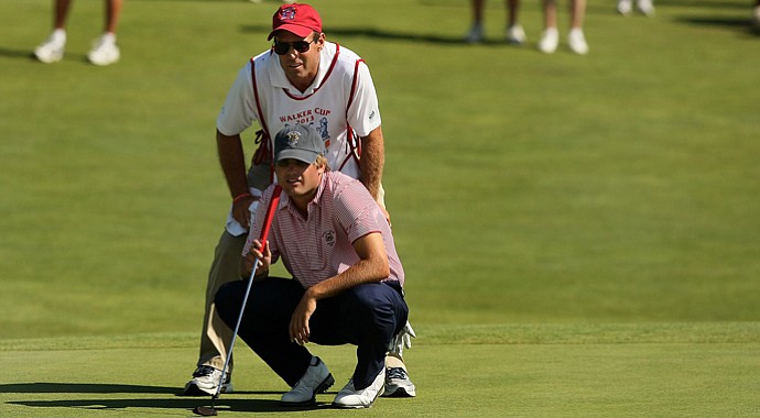 Bobby Wyatt with his caddie Kurt Sohn on Saturday during the singal matches of the 2013 Walker Cup at National Golf Links of America in Southampton, N.Y.