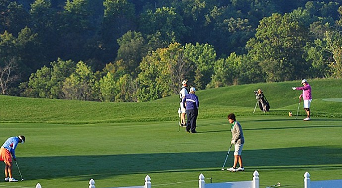 Players warm up for the first round of the LPGA Legends Championship at French Lick Resort.