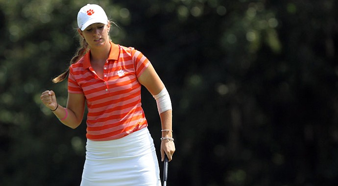 Clemson freshman Ashlan Ramsey reacts to making a putt
