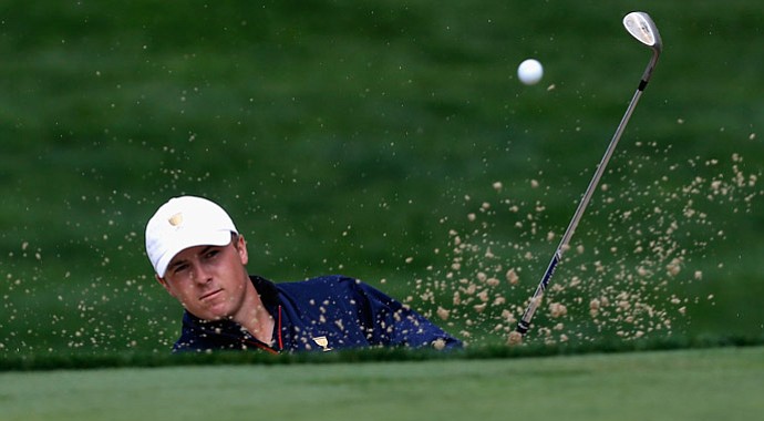 USA's Jordan Spieth hits a bunker shot on the seventh hole during the Day 1 Four-Ball Matches at the Presidents Cup.