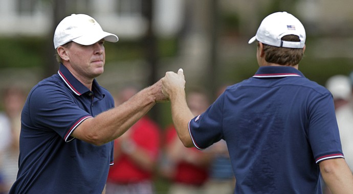 Steve Stricker and Jordan Spieth during their opening match of the 2013 Presidents Cup at Muirfield Village.
